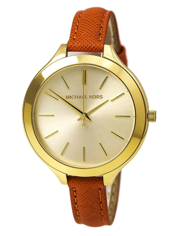 Shop Michael Kors Runway Quartz Gold Dial Orange Leather Strap Watch For Women - MK2275 in USA