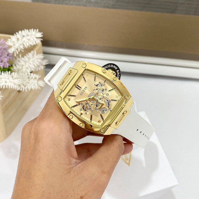 Guess Phoenix Multifunction Gold Dial White Leather Strap Watch for Men - GW0202G6 Buy Now By Guess