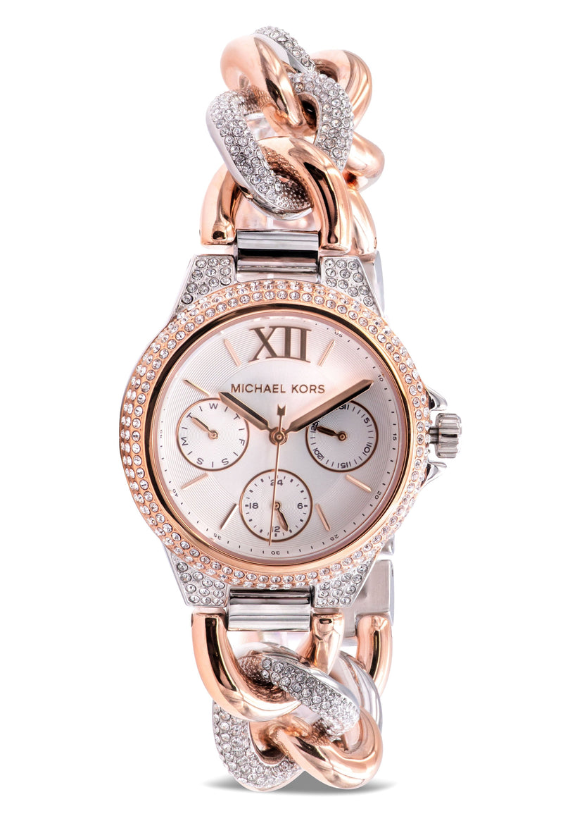 Shop Michael Kors Camille Pavé Chronograph Silver Dial Two Tone Steel Strap Watch for Women - MK6843 in USA