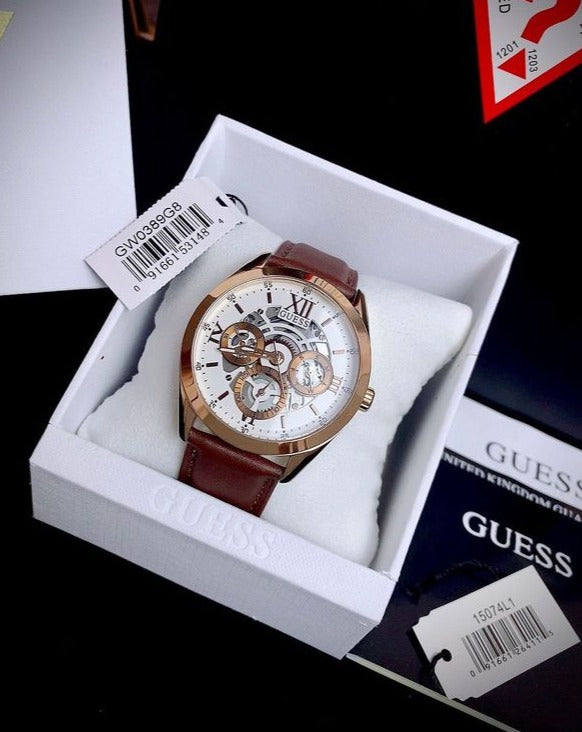 Guess Multi-Function Chronograph White Dial Brown Leather Strap Watch For Men - GW0389G8 Buy Now By Guess