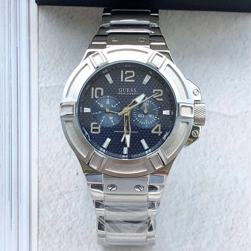 Guess Rigor Quartz Black Dial Silver Steel Strap Watch For Men - W0218G2 Buy Now By Guess