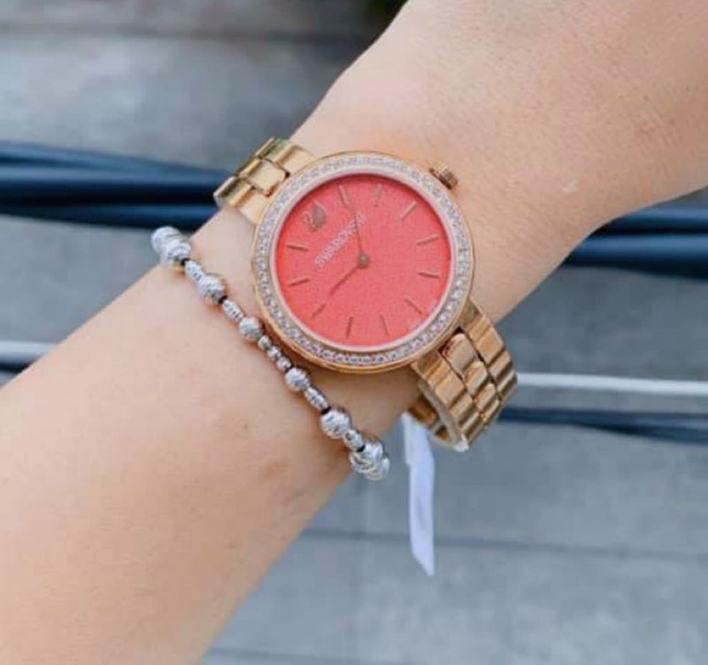 Shop Swarovski Daytime Quartz Coral Dial Rose Gold Steel Strap Watch for Women - 5182250 in USA