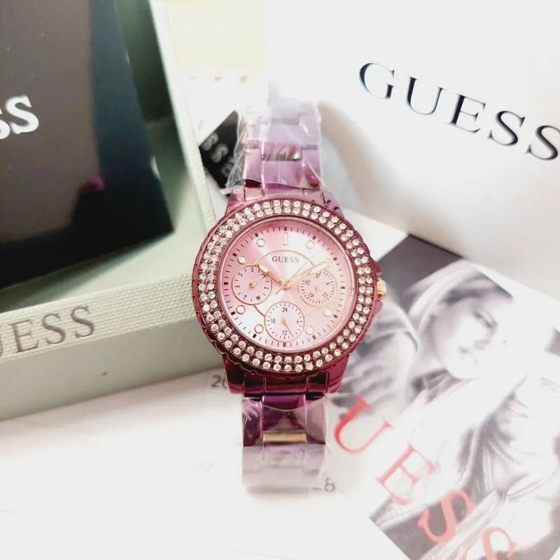 Shop Guess Crown Jewel Diamonds Purple Dial Purple Steel Strap Watch for Women - GW0410L4 in USA