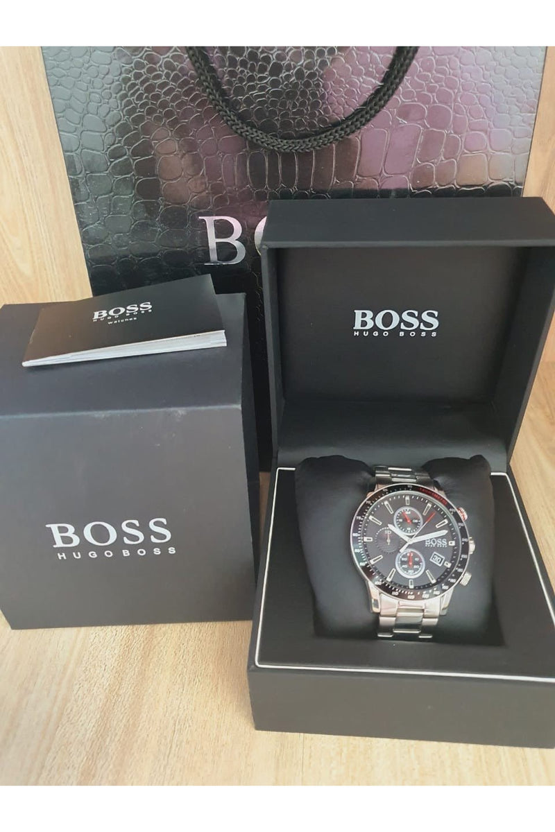 Shop Hugo Boss Rafale Chronograph Black Dial Silver Steel Strap Watch for Men - 1513509 in USA