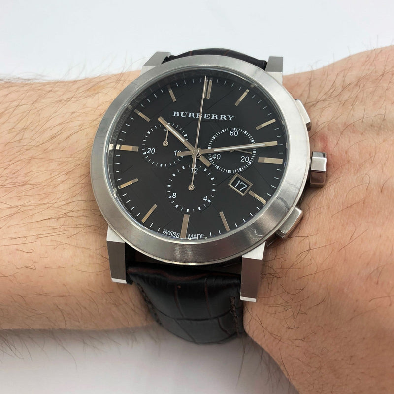 Burberry The City Chronograph Black Dial Black Leather Strap Watch for Men - BU9356 Buy Now By Burberry