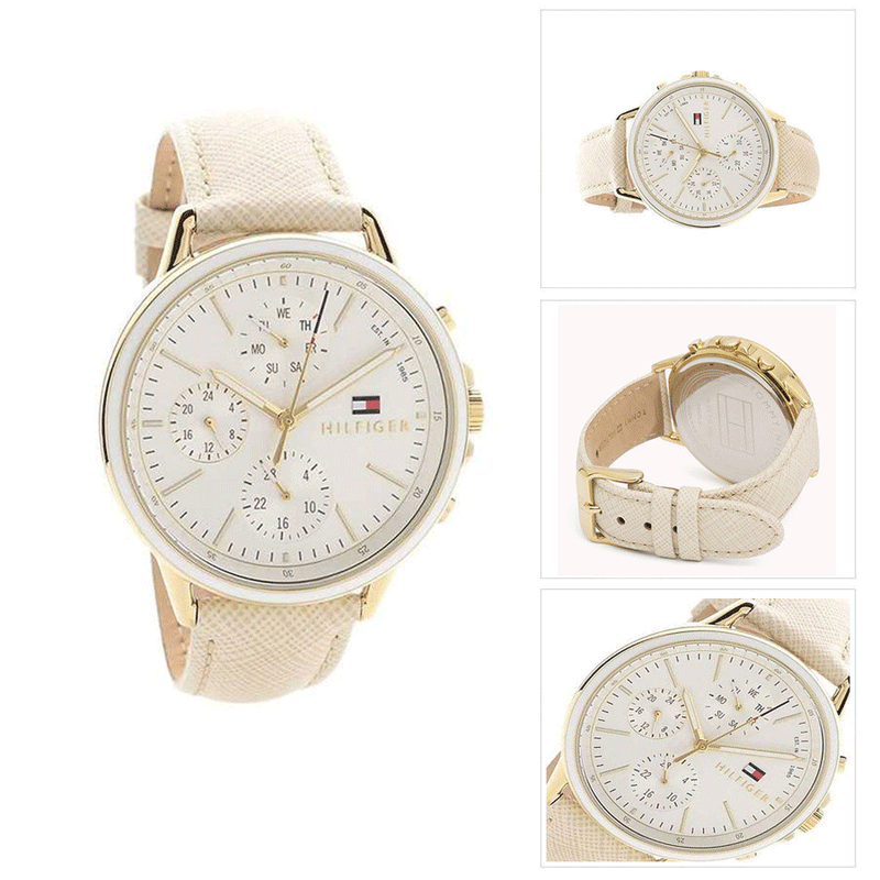 Shop Tommy Hilfiger Carly Silver Dial Cream Leather Strap Watch for Women - 1781790 in USA