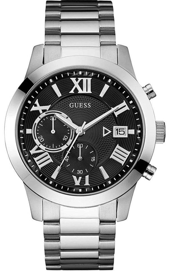 Shop Guess Atlas Chronograph Black Dial Silver Steel Strap Watch For Men - W0668G3 in USA