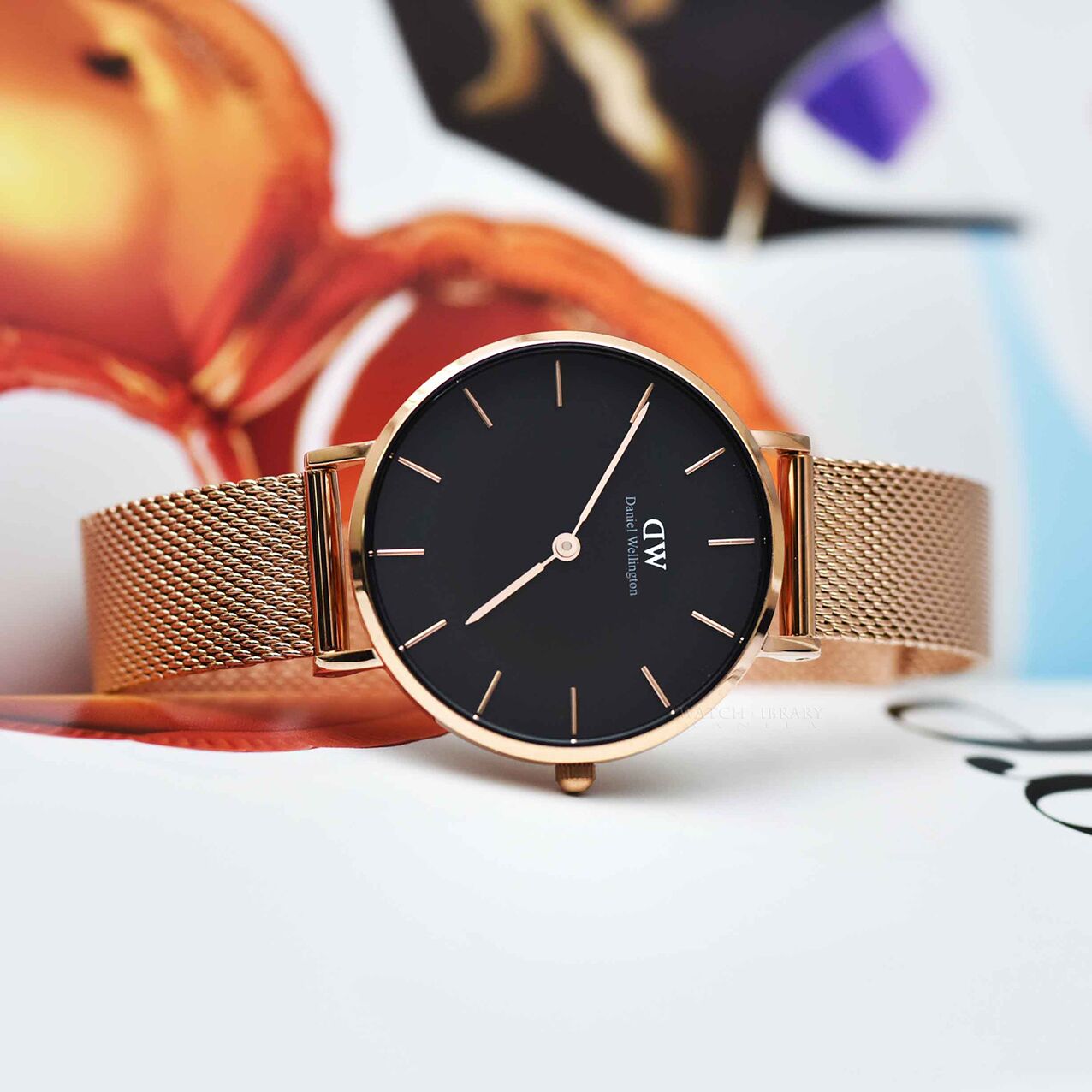 Daniel Wellington Classic Melrose Black Dial Rose Gold Mesh Bracelet Watch For Women - DW00100161