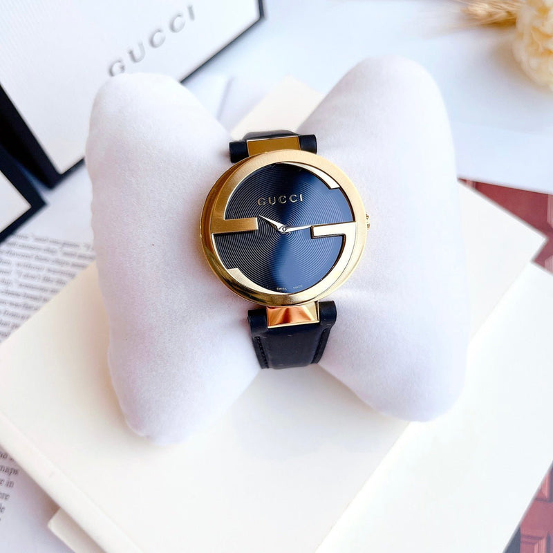 Gucci Interlocking G Gold Black Dial Black Leather Strap Unisex Watch - YA133326 Buy Now By Gucci