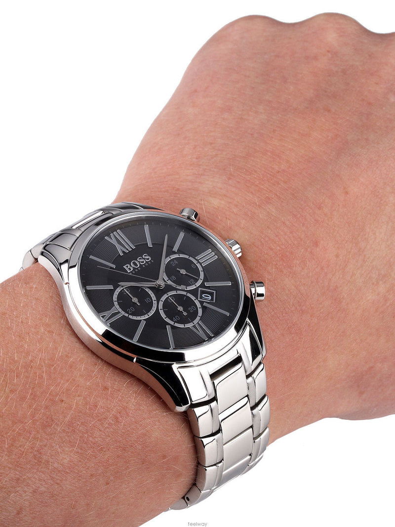 Hugo Boss Ambassador Chronograph Black Dial Silver Steel Strap Watch For Men - HB1513196 Buy Now By Hugo Boss