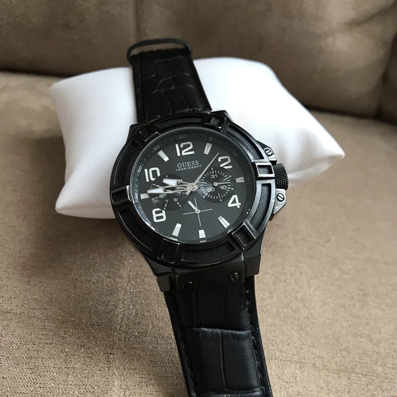 Guess Rigor Analog Black Dial Black Leather Strap Watch For Men - W0040G1 Buy Now By Guess