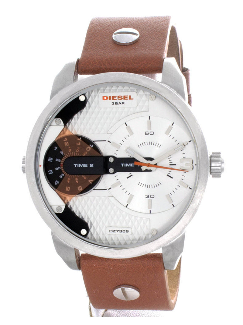Diesel Mini Daddy Silver Dial Brown Leather Strap Watch For Men - DZ7309 Buy Now By Diesel