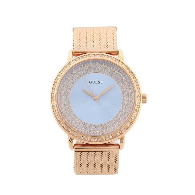 Shop Guess Willow Crystal Blue Dial Rose Gold Mesh Bracelet Watch For Women - W0836L1 in USA