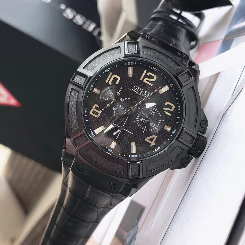 Guess Rigor Analog Black Dial Black Leather Strap Watch For Men - W0040G1 Buy Now By Guess