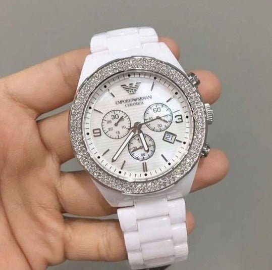 Emporio Armani Ceramica Chronograph White Dial White Ceramic Strap Watch For Women - AR1456 Buy Now By Emporio Armani