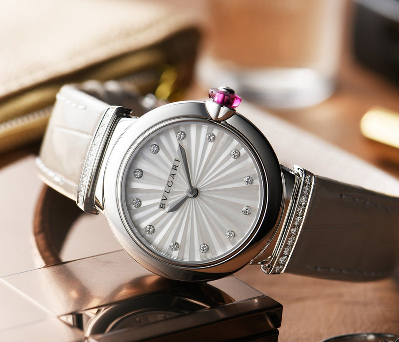 Bvlgari LVCEA Diamonds Silver Mother of Pearl Dial Silver Leather Strap Watch for Women - LVCEA103367