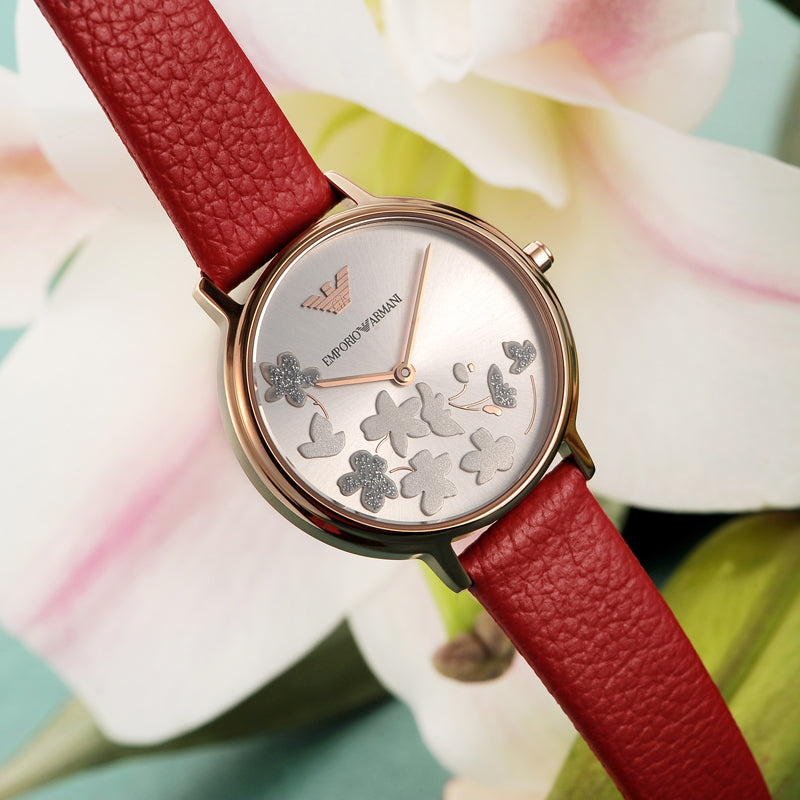 Emporio Armani Kappa Classic Quartz Silver Dial Red Leather Strap Watch For Women - AR11114 Buy Now By Emporio Armani