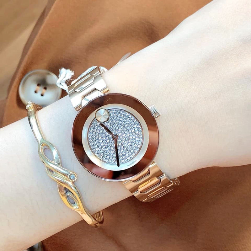 Shop Movado Bold Crystal Pave Rose Gold Dial Rose Gold Steel Strap Watch For Women - 3600493 in USA