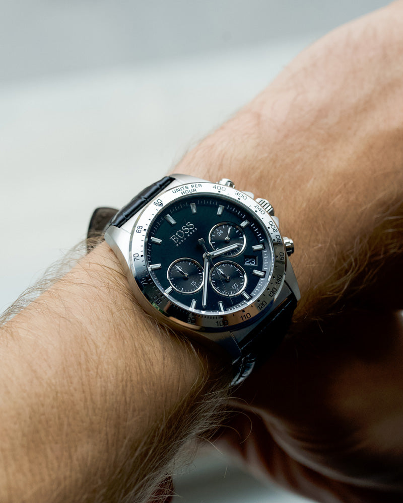 Hugo Boss Hero Chronograph Black Dial Black Leather Strap Watch For Men - 1513752 Buy Now By Hugo Boss