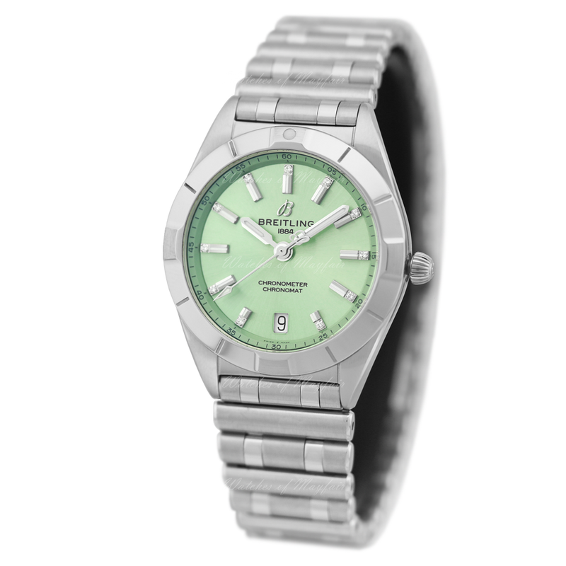 Breitling Chronomat 32 Diamonds Green Dial Silver Steel Strap Watch for Women - A77310101L1A1