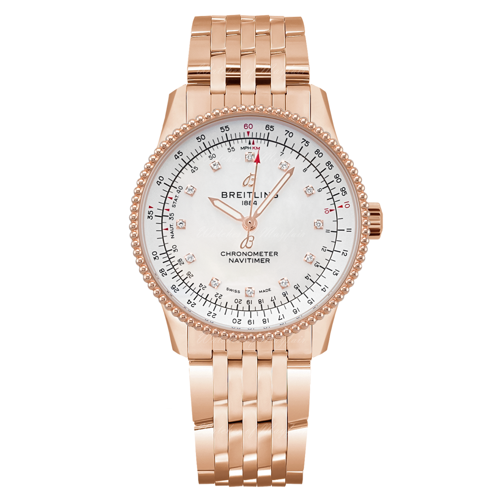 Breitling Navitimer Automatic 35 White Mother of Pearl Dial Rose Gold Steel Strap Watch for Men - R17395211A1R1