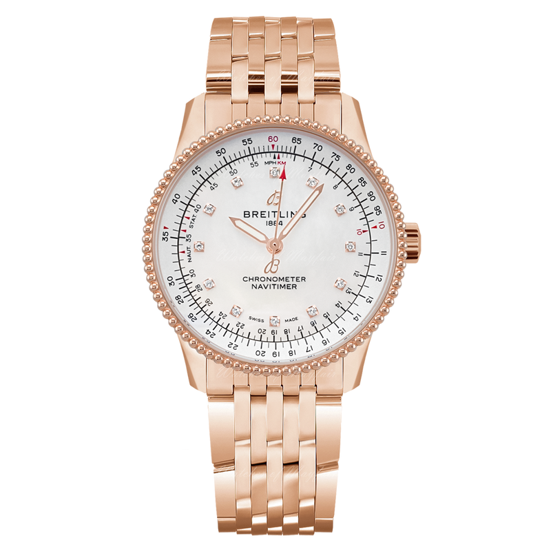 Breitling Navitimer Automatic 35 White Mother of Pearl Dial Rose Gold Steel Strap Watch for Men - R17395211A1R1