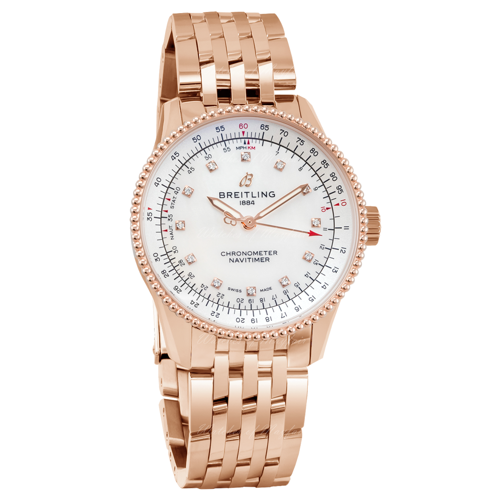 Breitling Navitimer Automatic 35 White Mother of Pearl Dial Rose Gold Steel Strap Watch for Men - R17395211A1R1