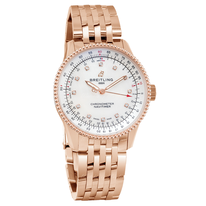 Breitling Navitimer Automatic 35 White Mother of Pearl Dial Rose Gold Steel Strap Watch for Men - R17395211A1R1