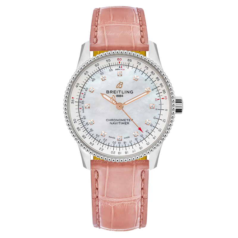 Breitling Navitimer Automatic 35 Mother of Pearl Dial Pink Leather Strap Watch for Women - A17395211A1P3