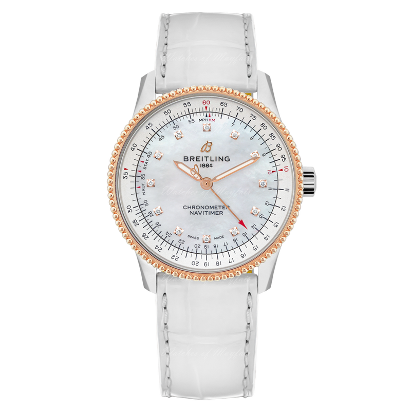 Breitling Navitimer Automatic 35 Mother of Pearl Dial White Leather Strap Watch for Women - U17395211A1P3