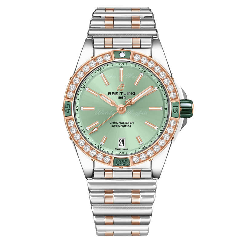 Breitling Super Chronomat Automatic 38 Diamonds Green Dial Two Tone Steel Strap Watch for Women - U17356531L1U1