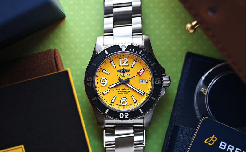 Breitling Superocean II Automatic 44mm Yellow Dial Silver Steel Strap Watch for Men - A17367021I1A1