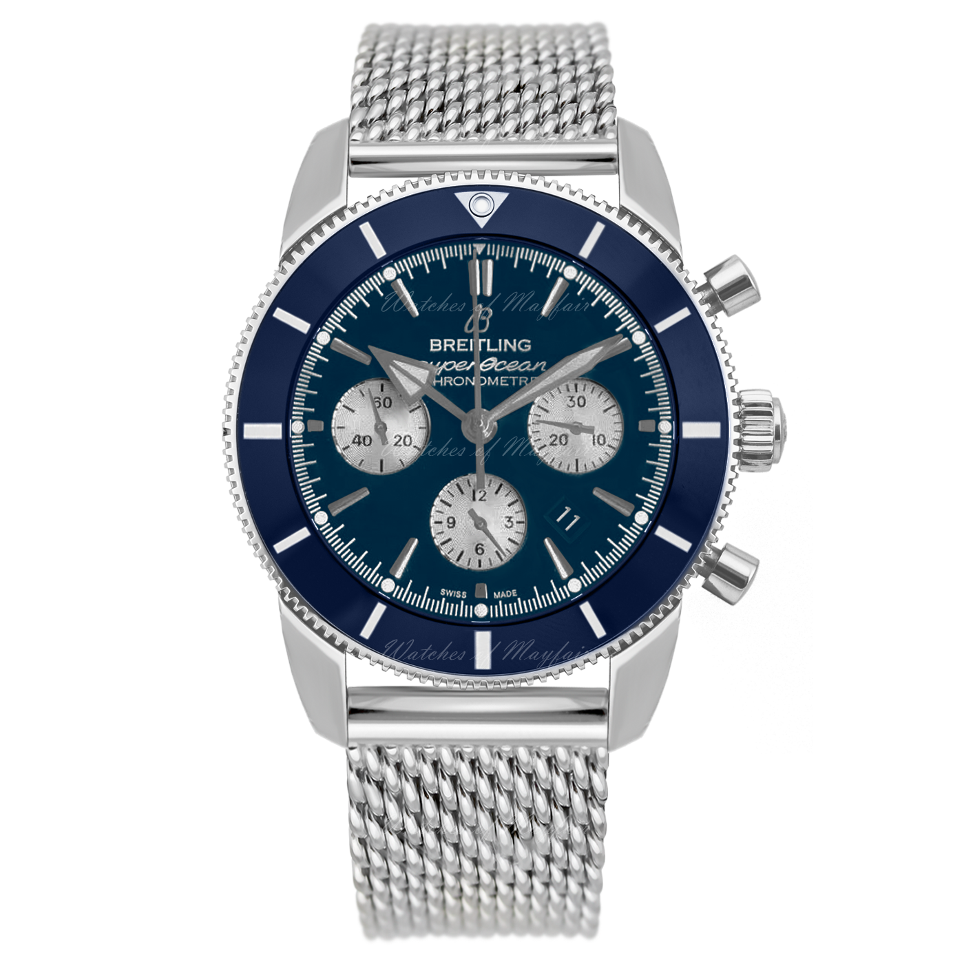 Breitling Superocean Heritage B01 Chronograph 44 Blue Dial Silver Mesh Bracelet Watch for Men - AB0162161C1A1