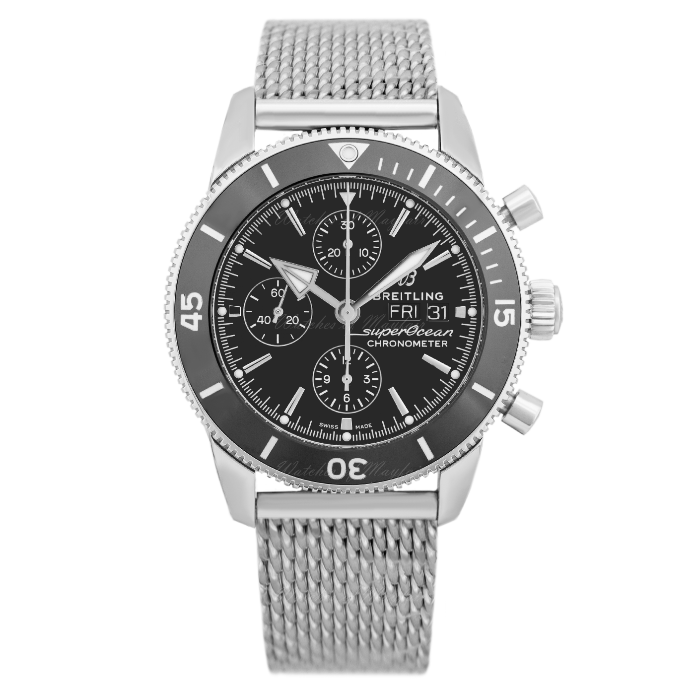 Breitling Superocean Heritage Chronograph 44 Black Dial Silver Mesh Bracelet Watch for Men - A13313121B1A1