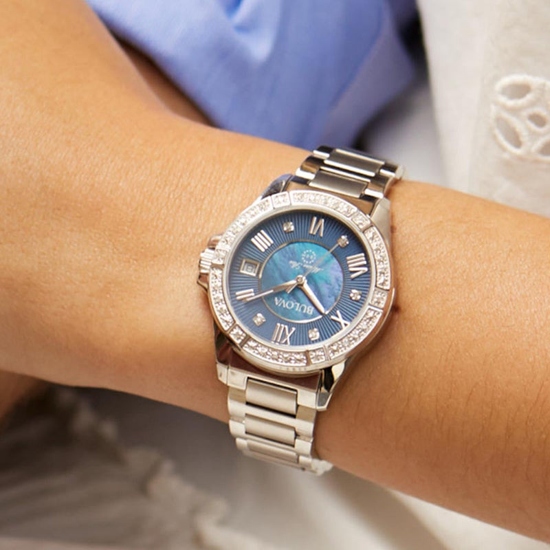 Bulova Marine Star Blue Dial Silver Steel Strap Watch for Women - 96R215 Buy Now By Bulova