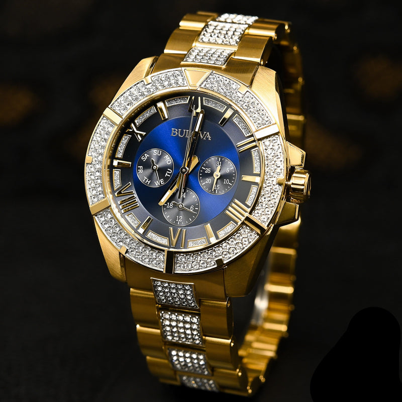 Shop Bulova Crystal Collection Blue Dial Gold Steel Strap Watch for Men - 98C128 in USA