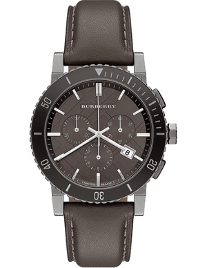 Burberry The City Chronograph Ion Plated Grey Dial Grey Leather Strap Watch for Men - BU9384