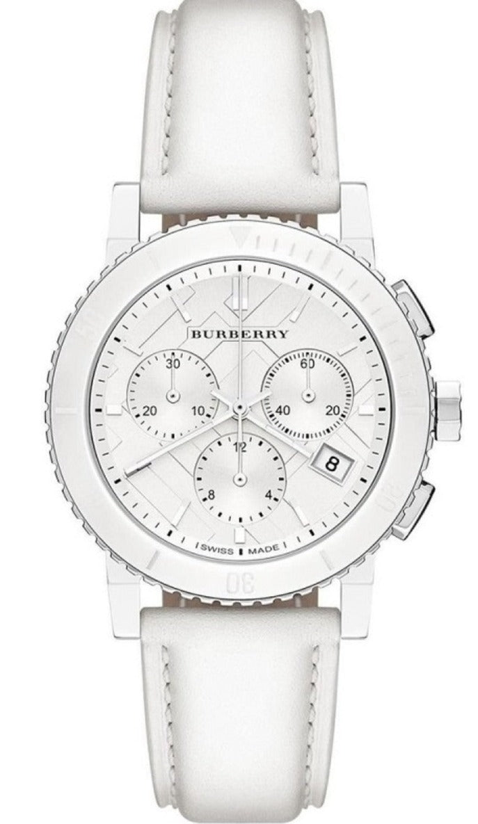 Shop Burberry City Chronograph White Dial White Leather Strap Watch For Women - BU9701 in USA