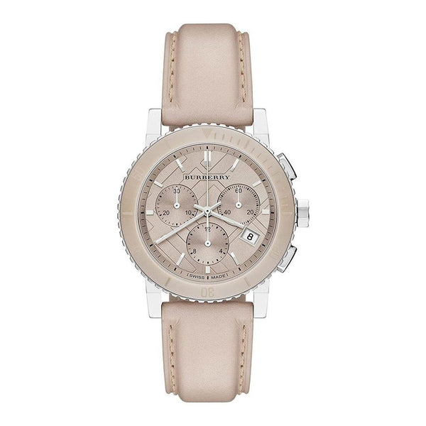 Burberry The City Chronograph Rose Gold Dial Beige Leather Strap Watch For Women - BU9702