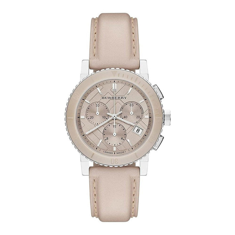 Shop Burberry The City Chronograph Rose Gold Dial Beige Leather Strap Watch For Women - BU9702 in USA