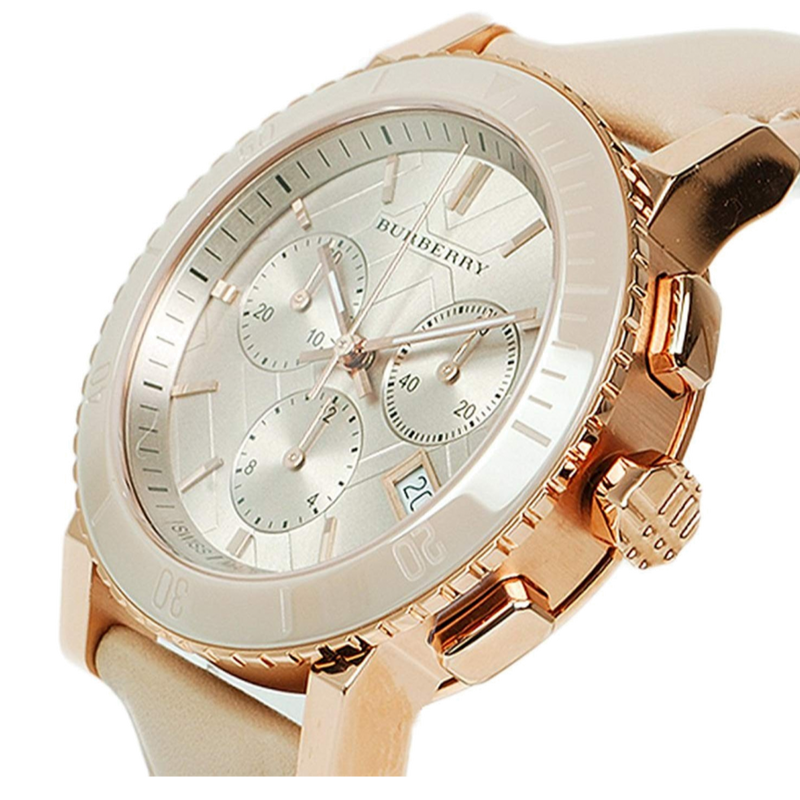 Shop Burberry The City Chronograph Rose Gold Dial Beige Leather Strap Watch For Women - BU9702 in USA