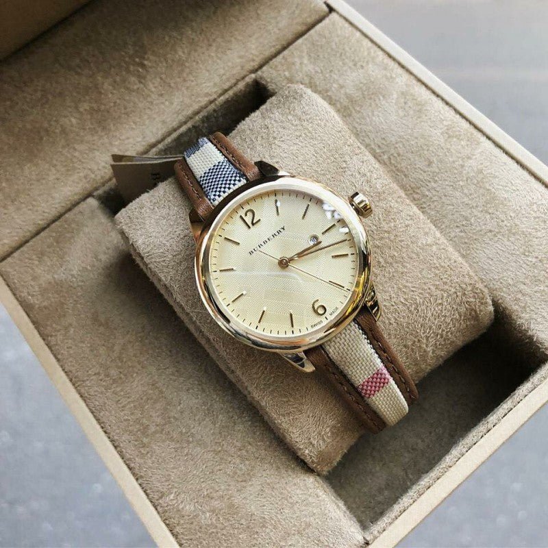 Shop Burberry The Classic Gold Dial Brown Leather Strap Watch for Women - BU10114 in USA