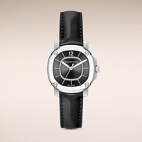 Burberry The Britain Diamonds Black Dial Black Leather Strap Watch for Women - BBY1809 Buy Now By Burberry
