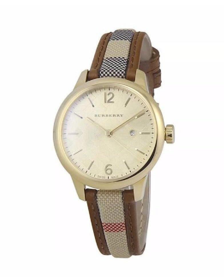 Shop Burberry The Classic Gold Dial Brown Leather Strap Watch for Women - BU10114 in USA