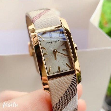 Burberry Pioneer Gold Dial Haymarket Beige Leather Strap Watch for Women - BU9509