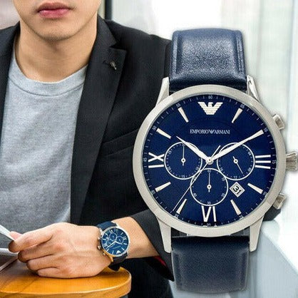 Emporio Armani Giovanni T Bar Chronograph Quartz Blue Dial Blue Leather Strap Watch For Men - AR11226 Buy Now By Emporio Armani