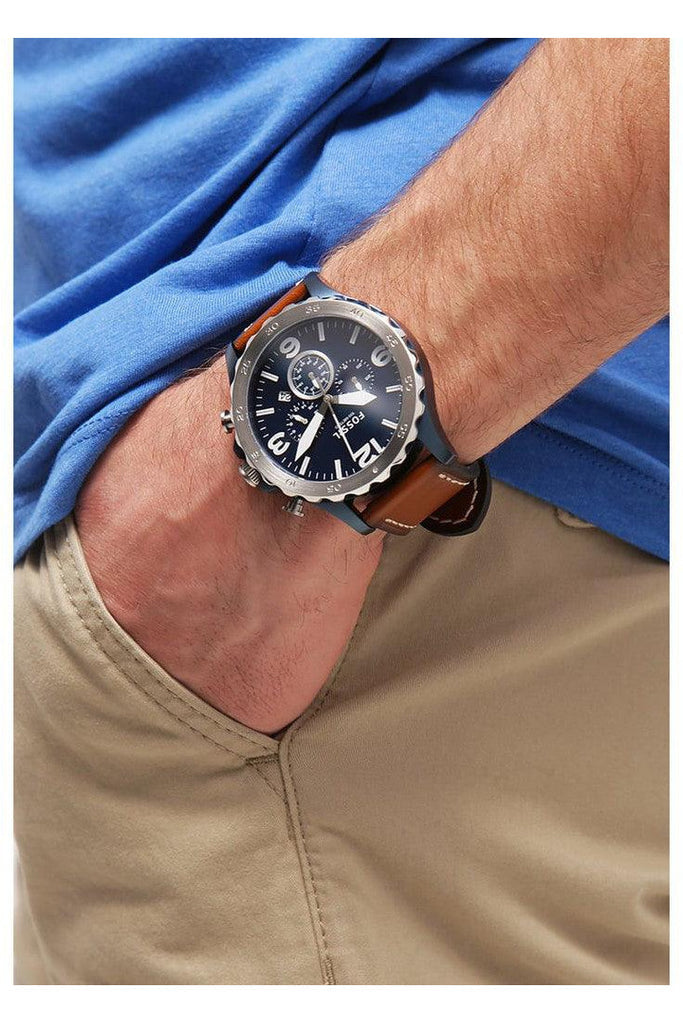Fossil Nate Chronograph Navy Blue Dial Brown Leather Strap Watch for Men - JR1504 Buy Now By Fossil