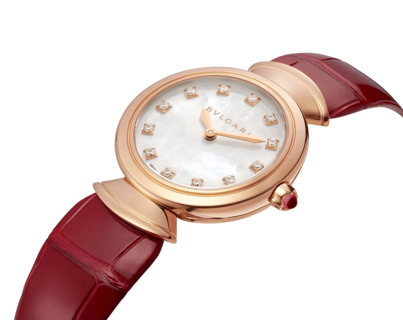 Shop Bvlgari Divas Dream Diamonds Mother of Pearl Dial Red Leather Strap Watch for Women - DREAM102840 in USA