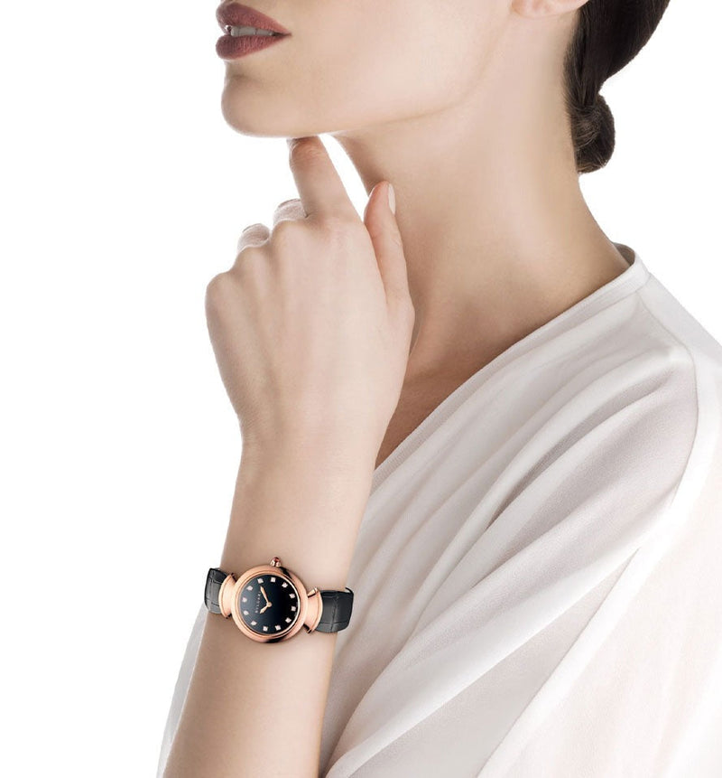 Shop Bvlgari Divas Dream Quartz Diamonds Black Dial Black Leather Strap Watch for Women - DREAM102841 in USA