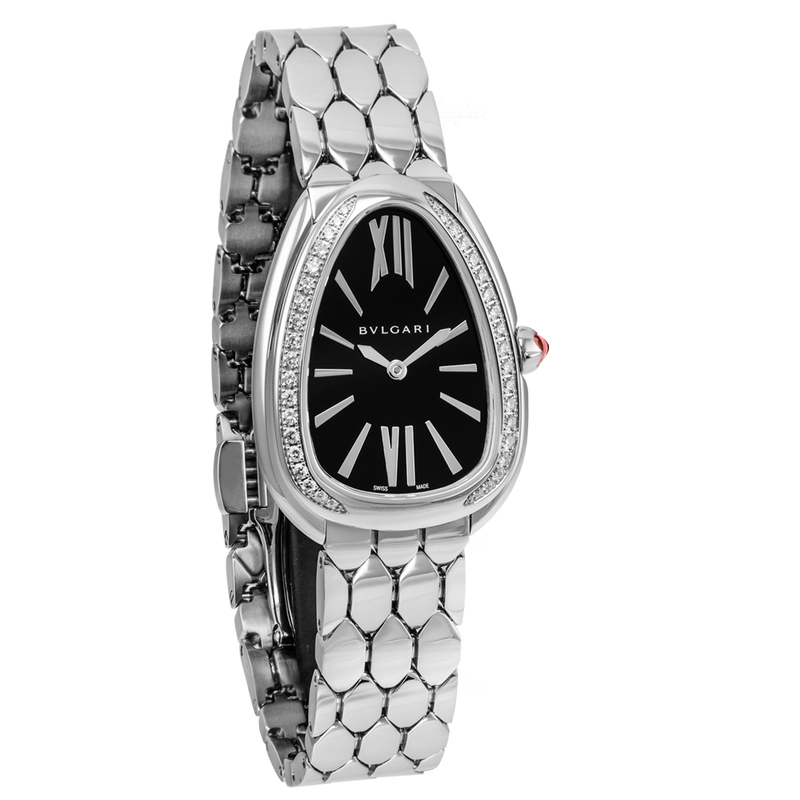 Bvlgari Serpenti Seduttori Diamonds Black Dial Silver Steel Strap Watch for Women - SERPENTI103449